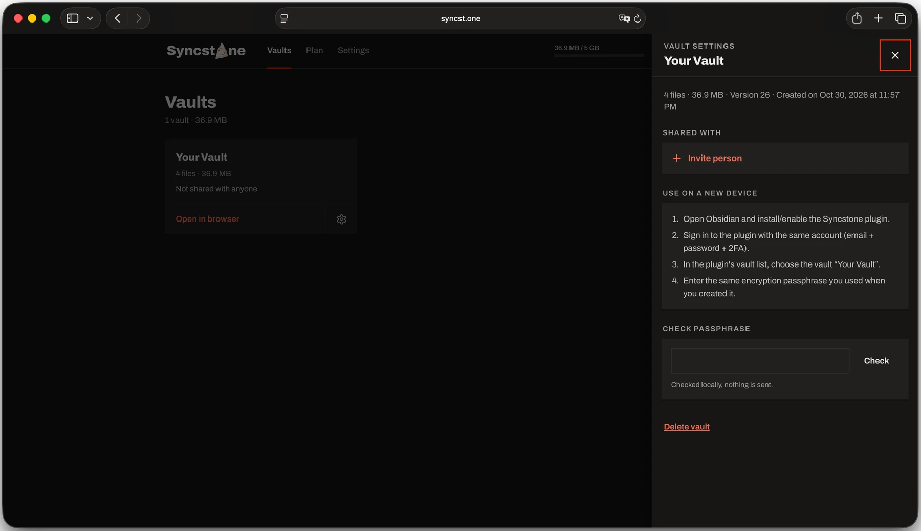 Vault settings with the sharing options